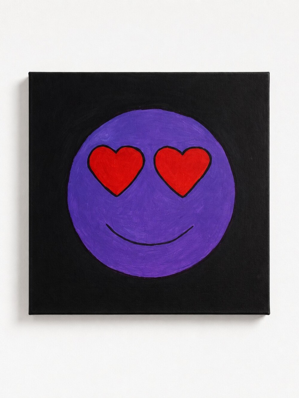 Handpainted Purple Heart Eyes Smiley Face Canvas Art | 10x10 Pop Art Wall Decor - Picture 1 of 2
